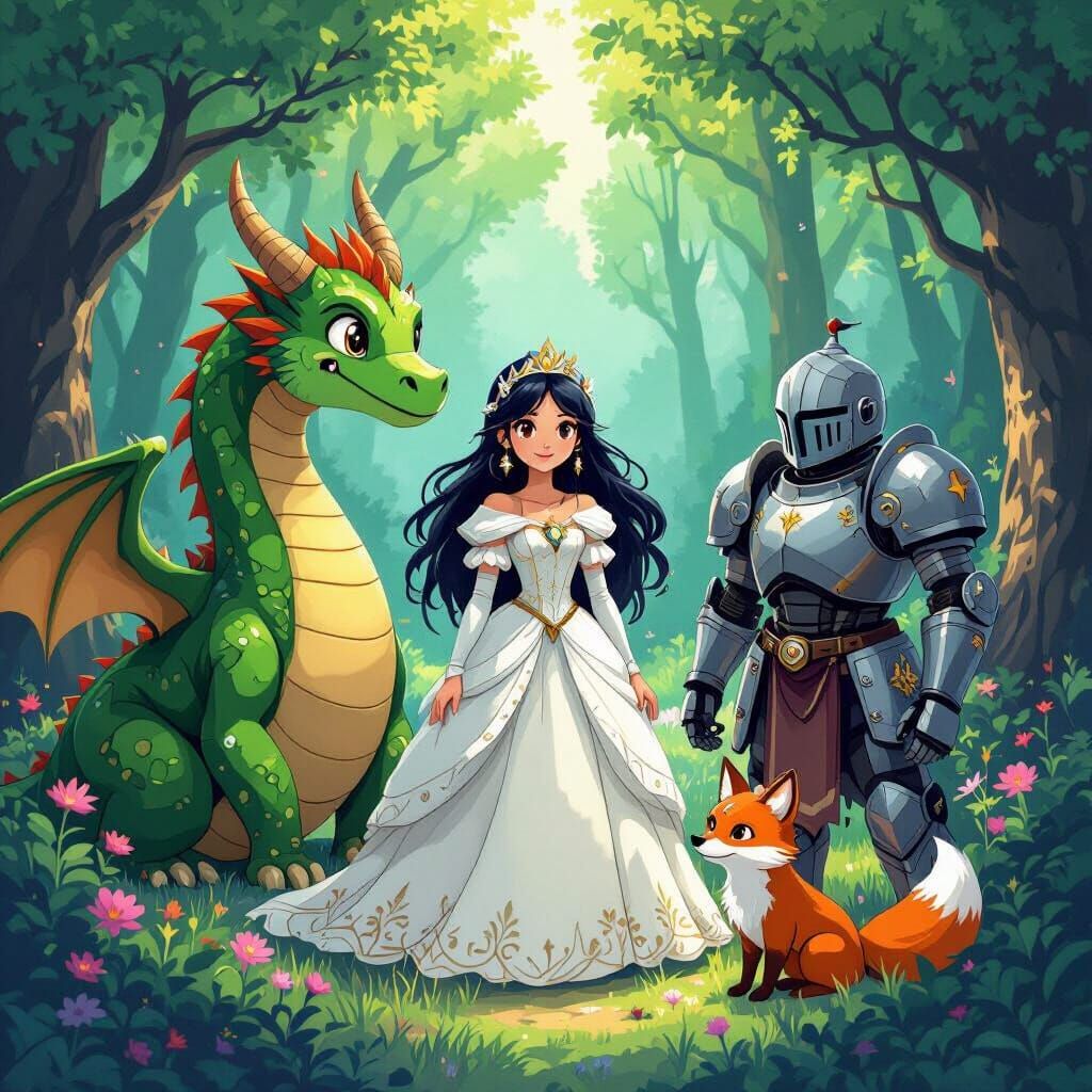 Princess, Dragon, Robot Knight, and Fox in Forest