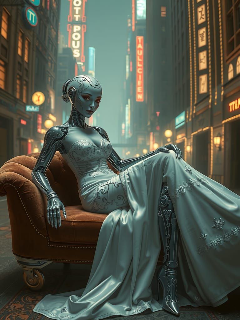 Futuristic Female Figure in Neon Cityscape