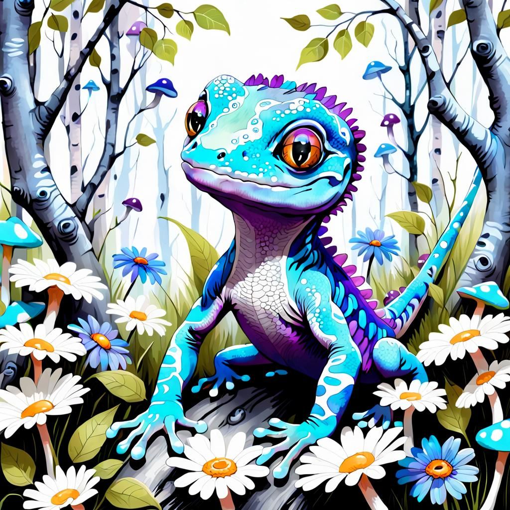 Whimsical Gecko in Magical Forest, Digital Art