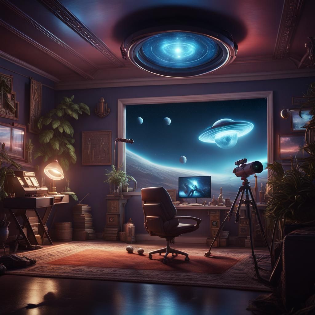 Alien Enthusiast's Room with UFOs in Detailed Matte Painting