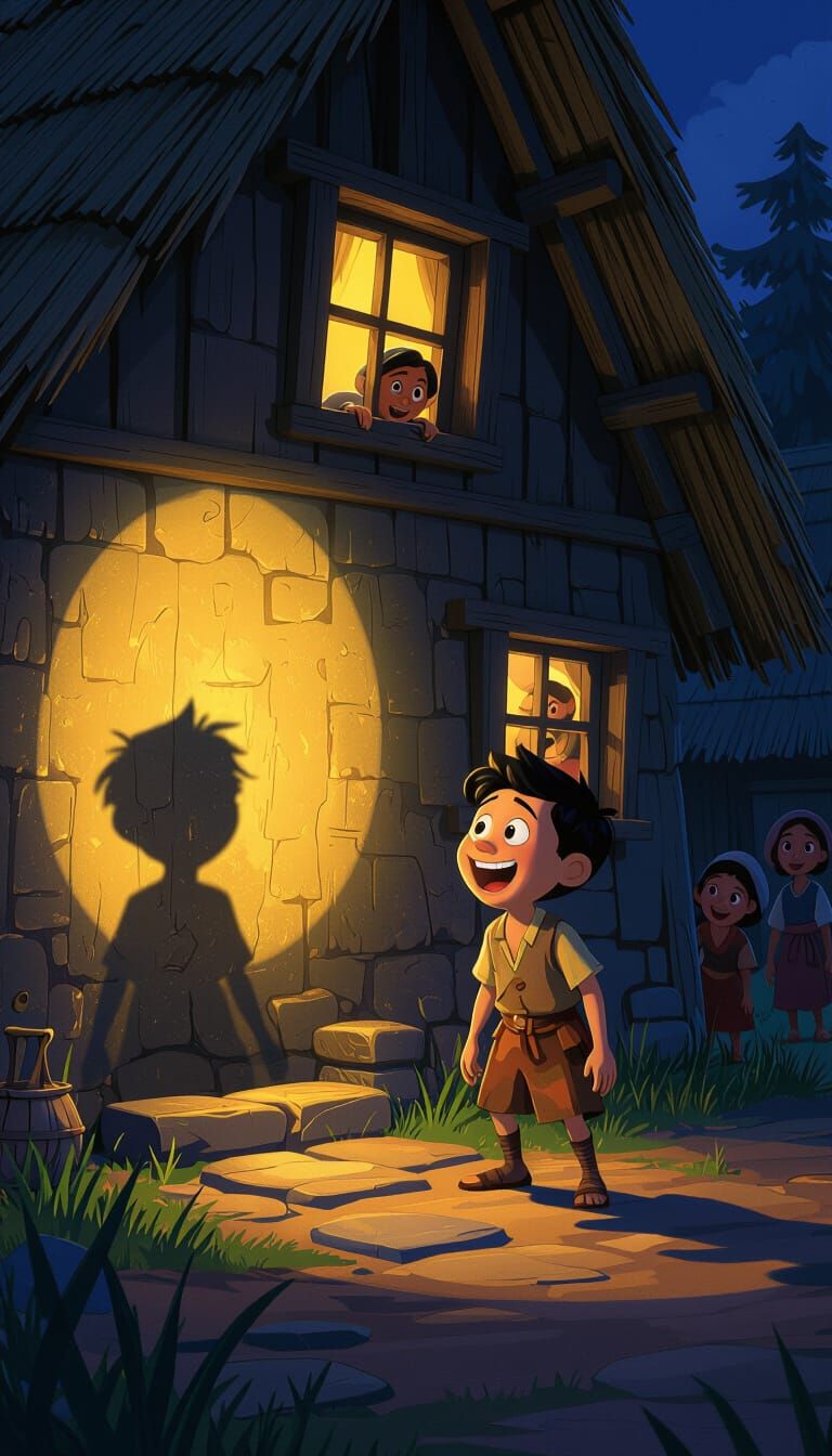 Laughing Shadow in Dark Village Hut, 3D Cartoon