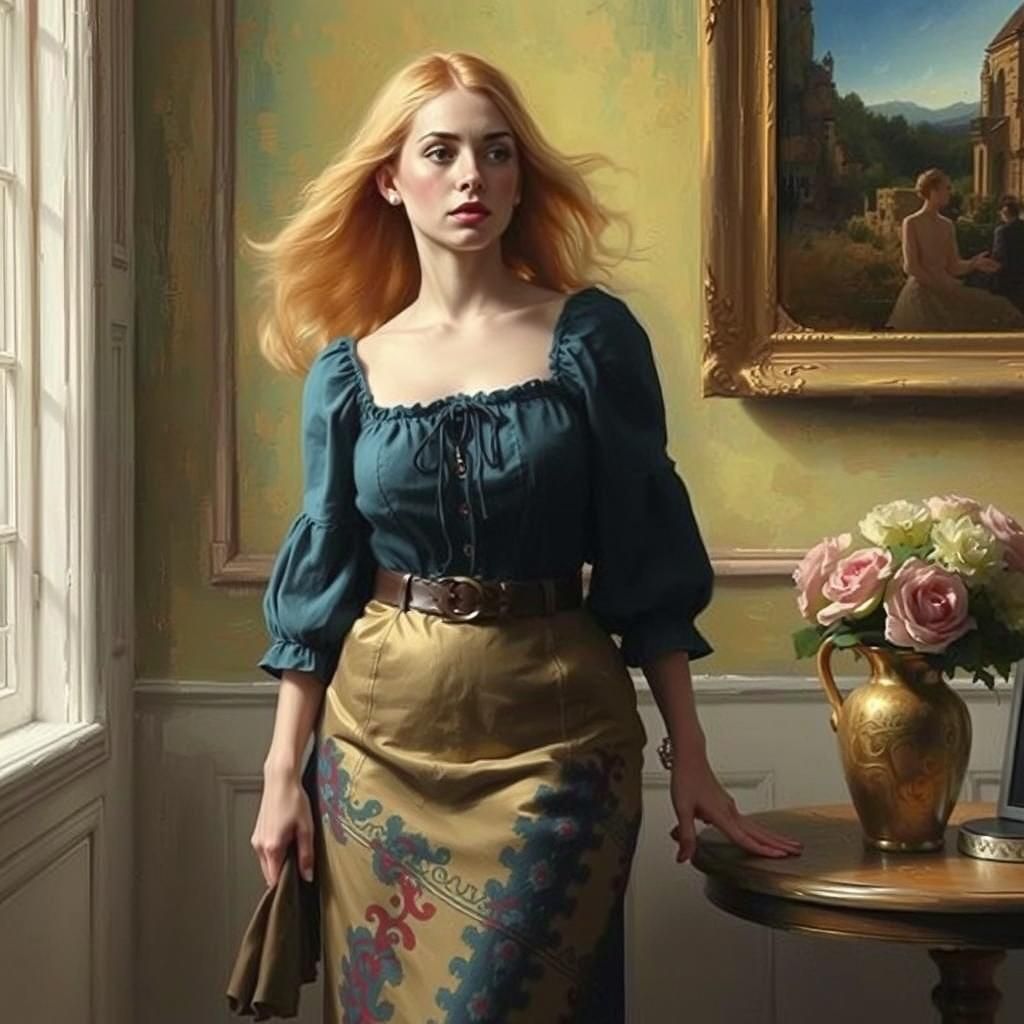 Woman in Golden Light: An Art Deco Impasto Painting