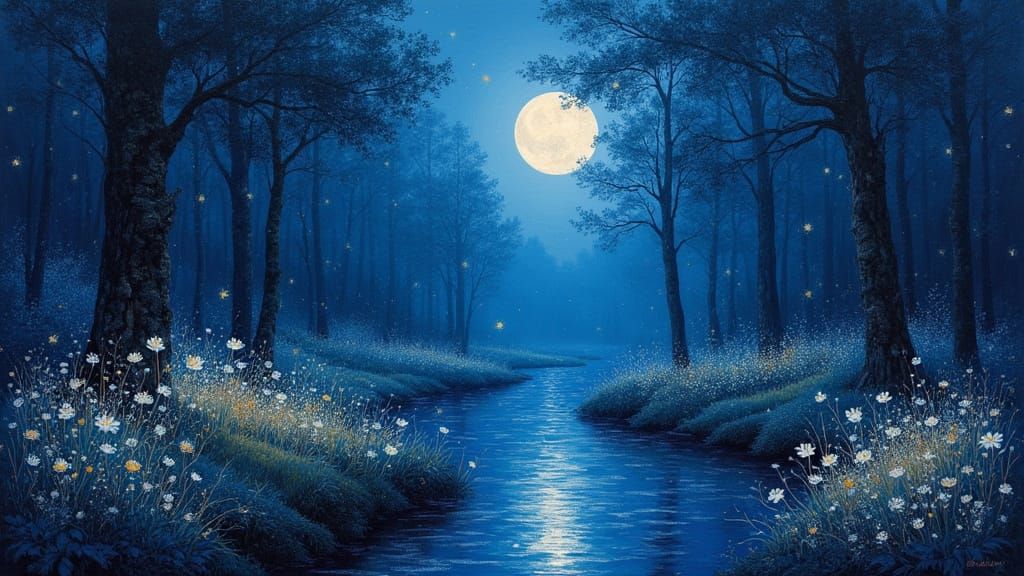 Mystical Moonlit Forest in Dreamy Gouache Style