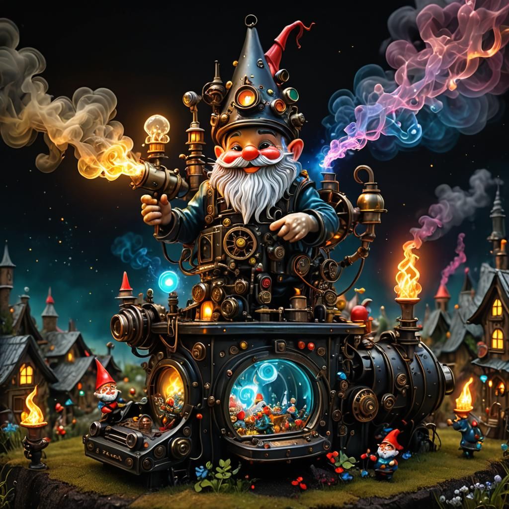 Dieselpunk Gnome Village: Whimsical Storybook Illustration