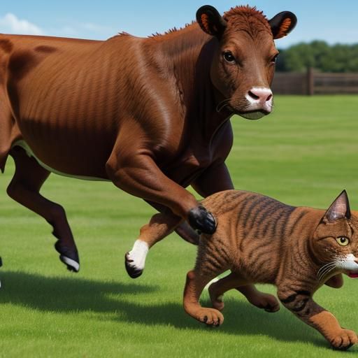 Brown Cow Jumping Over Dog in Hyperreal Style