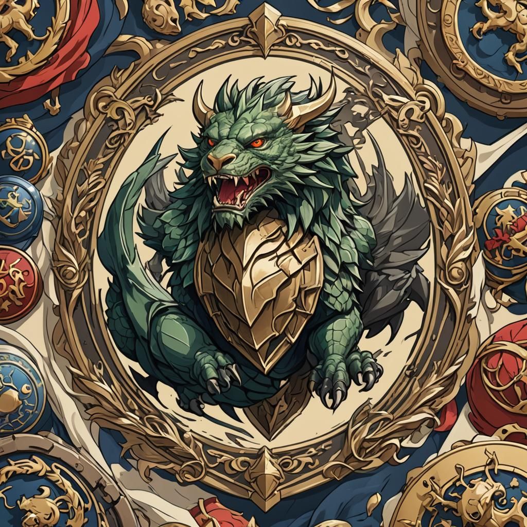 Lion Crest Slaying Dragon in Anime Style