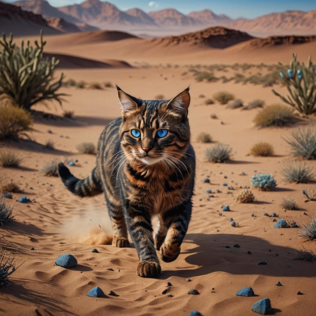 Tortoiseshell Cat Walks Across Desert Landscape