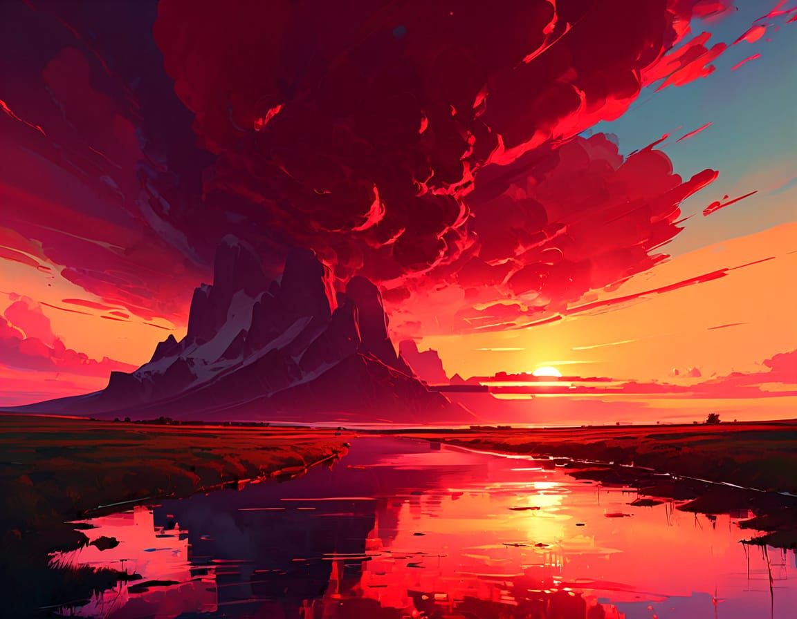 Dramatic Red Sunset in Digital Painting Style
