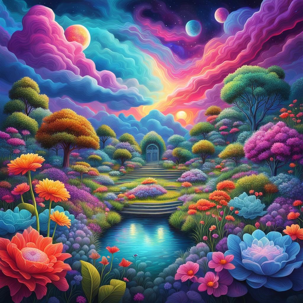 Colorful Garden Against Stormclouds: Astral Illustration