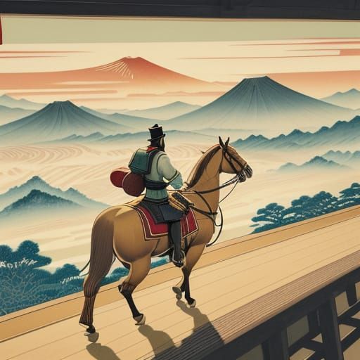 In ukiyo-e style woodblock Marco Polo who is Venetian mercha...