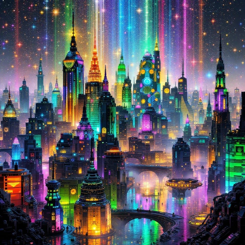 Cyberpunk Metropolis in Vibrant Gemstone Lego Blocks