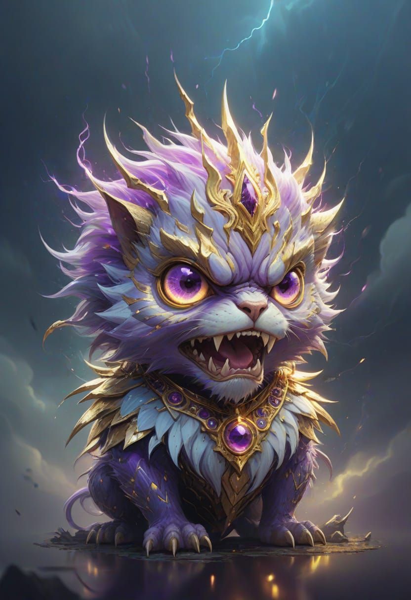 Fierce Round Creature with Spiky Purple Hair and Golden Crow...