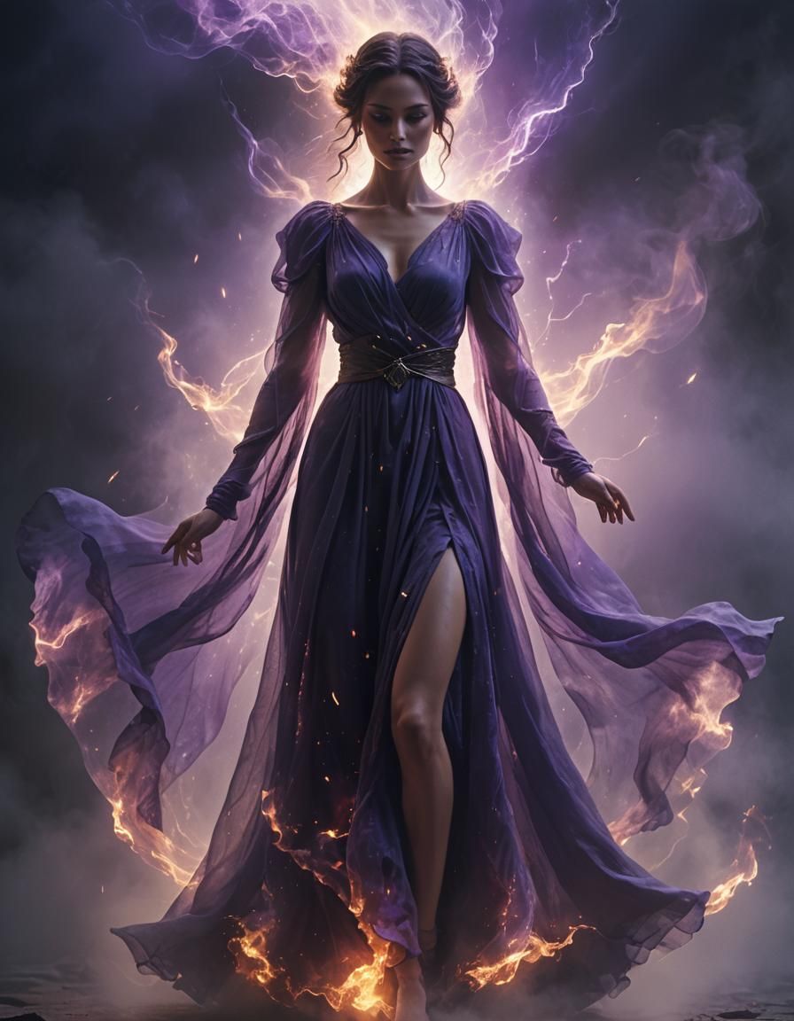 Silhouette of a Mysterious Sorceress with Magic Lightning