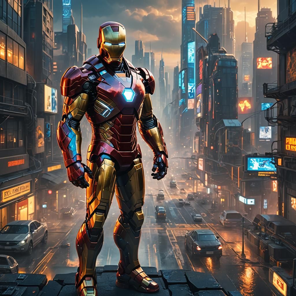 Iron Man in Futuristic Cityscape: Fantasy Concept Art
