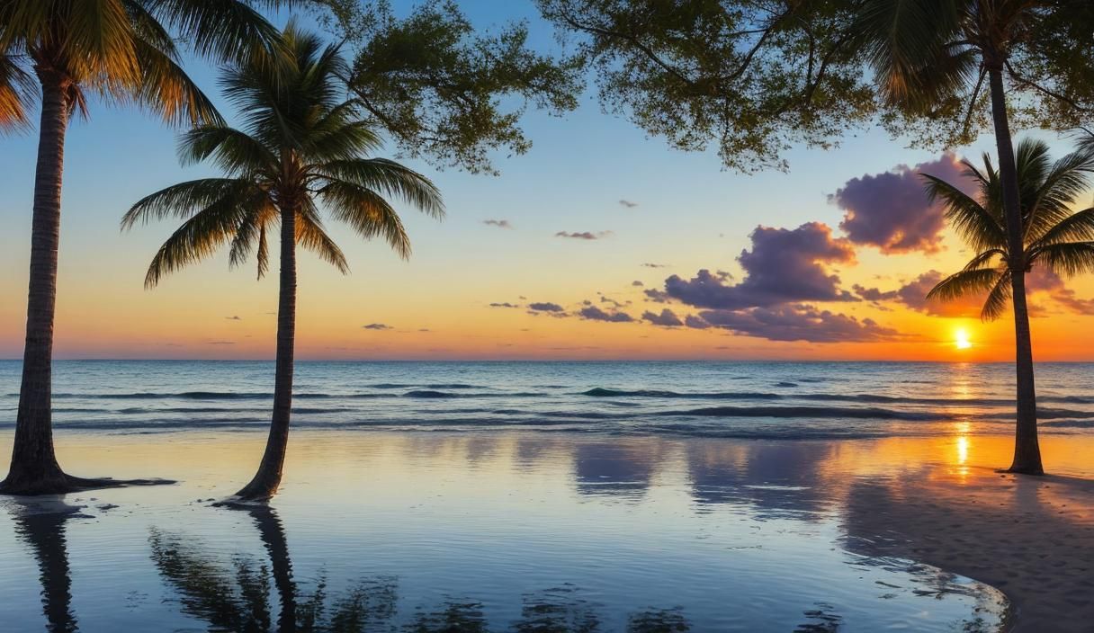 Serene Sunset Beach with Water Reflections