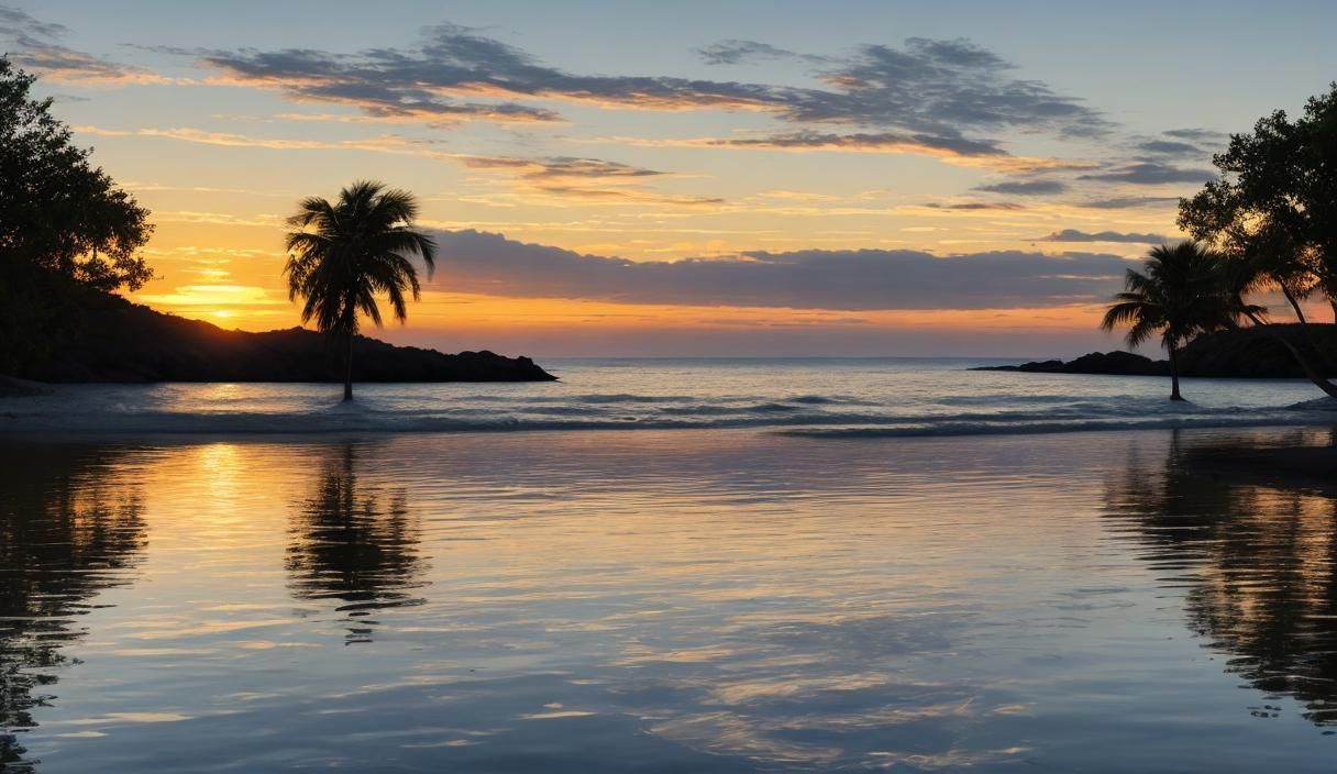 Serene Sunset Beach with Detailed Water Reflections