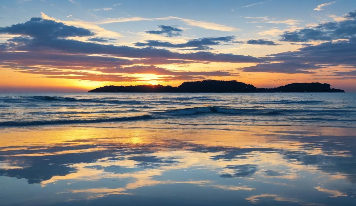Serene Sunset Beach with Water Reflections