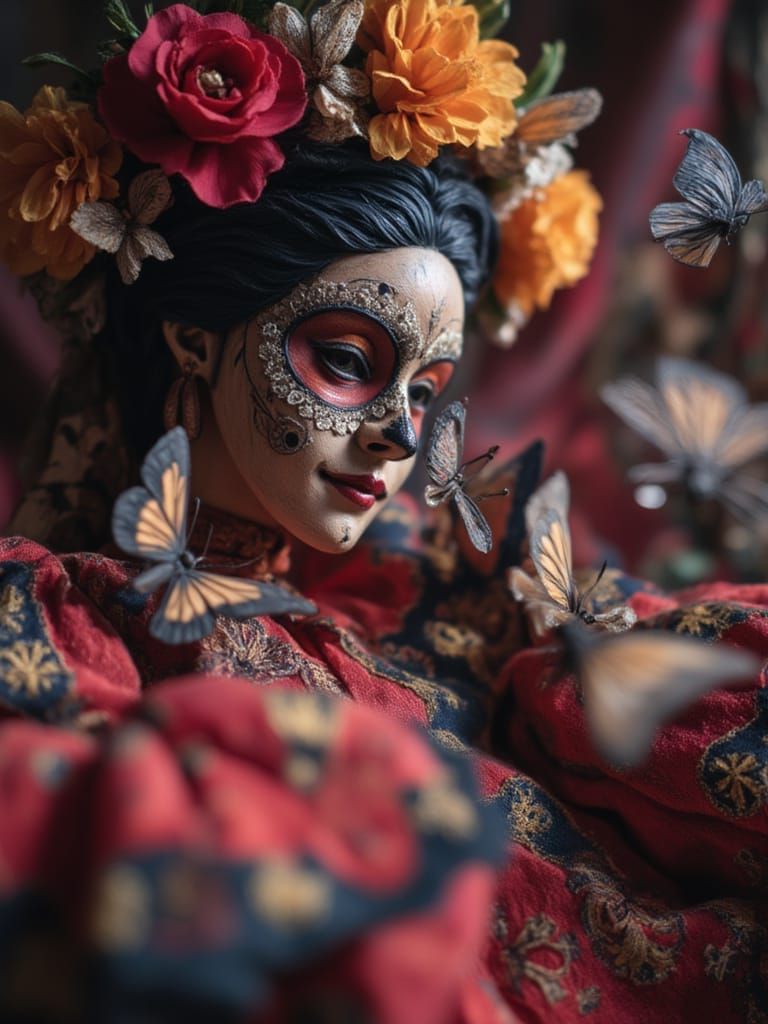 Dia de Los Muertos Woman with Flowers and Butterflies