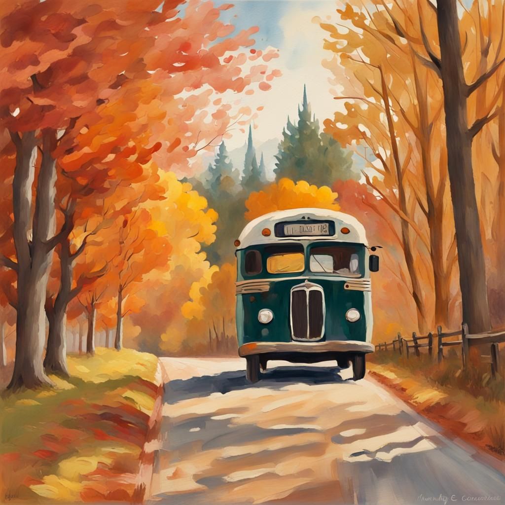 Autumn Country Bus: Gouache Impressionist Painting
