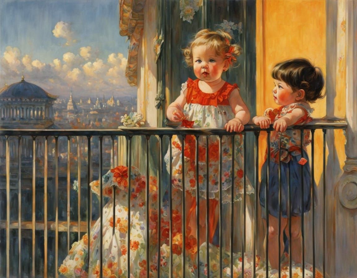 Toddlers Play on Balcony in Classical Portraiture Style