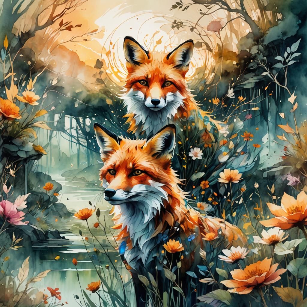 Fox in Double Exposure Watercolor Summerscape