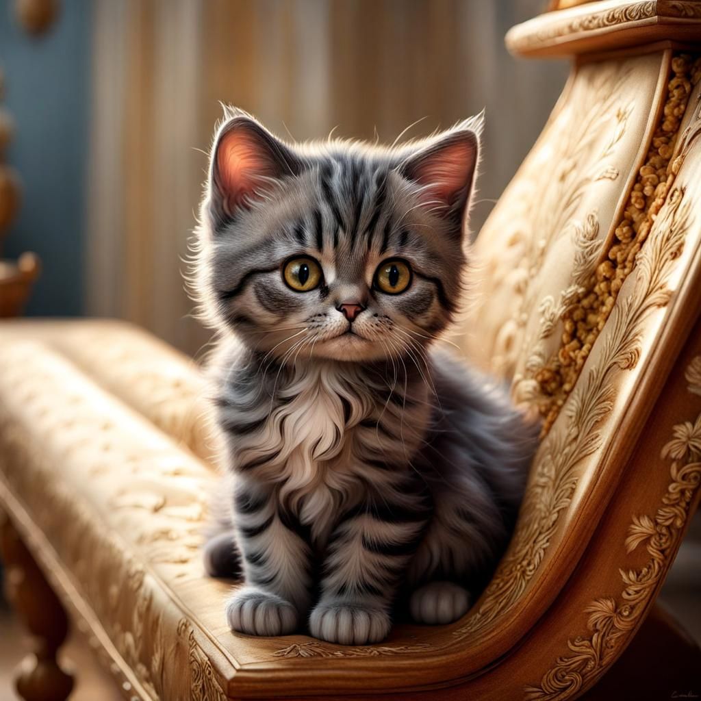 Adorable Cat in Living Room, Detailed Illustration