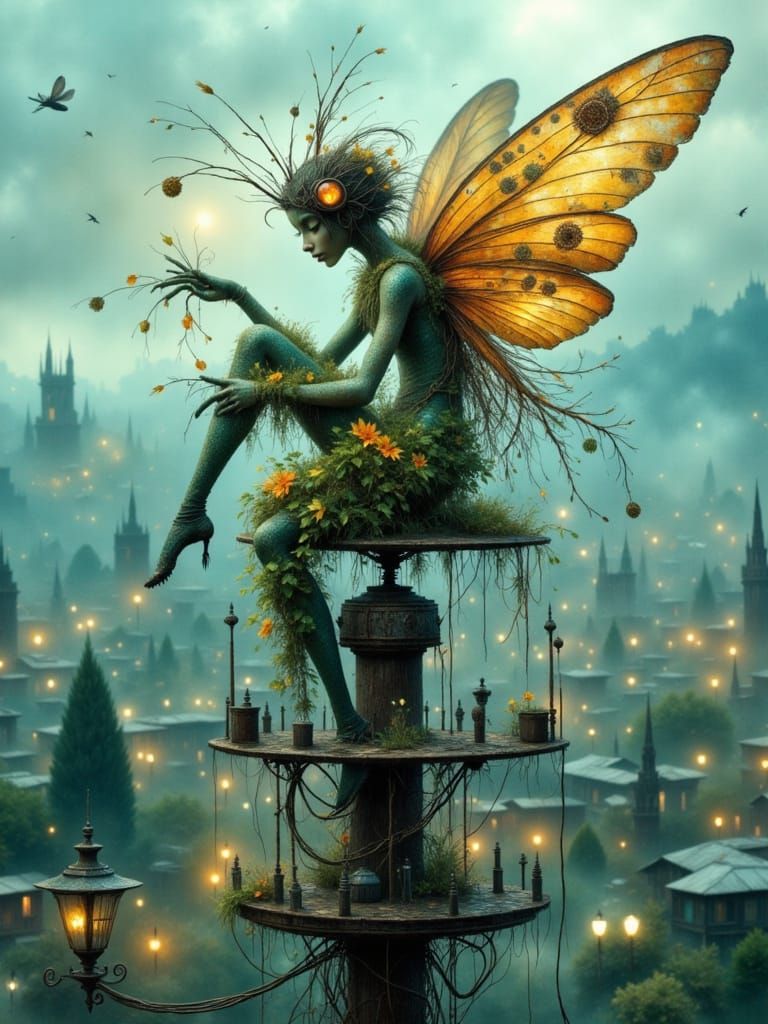 Steampunk Fairy on Radio Tower, Detailed Photorealism