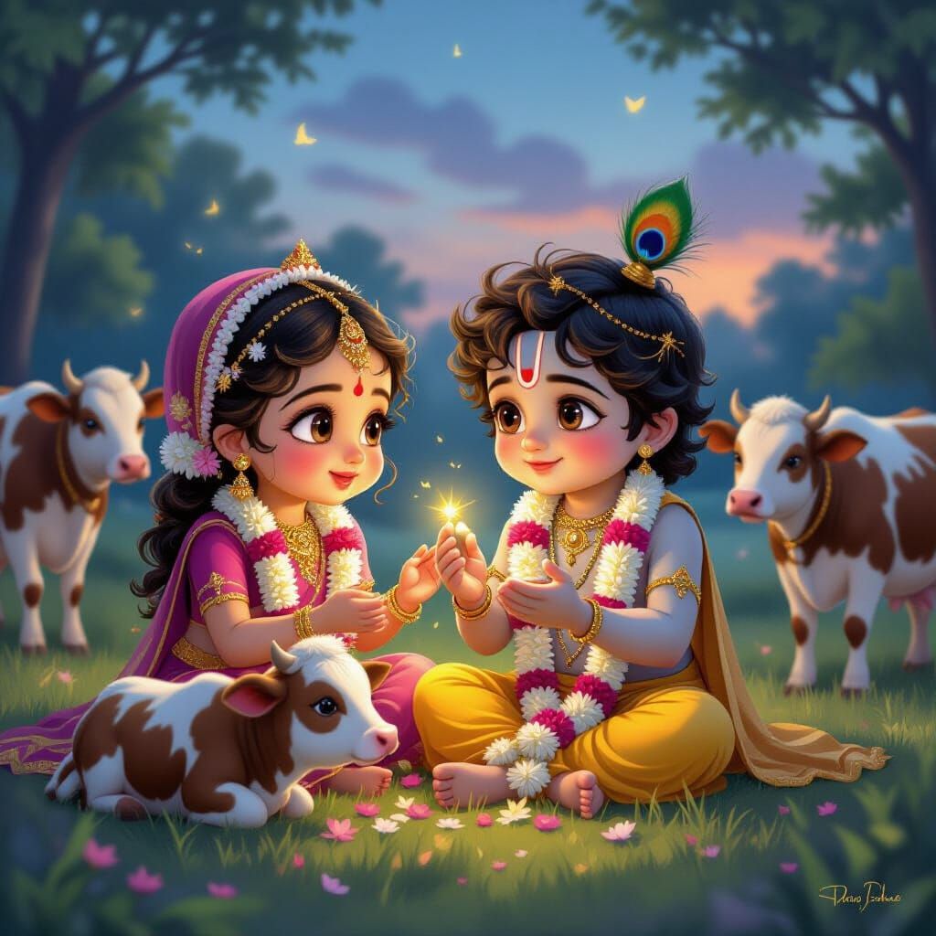 Cute Baby Radha Krishna Playing with Cows at Dusk