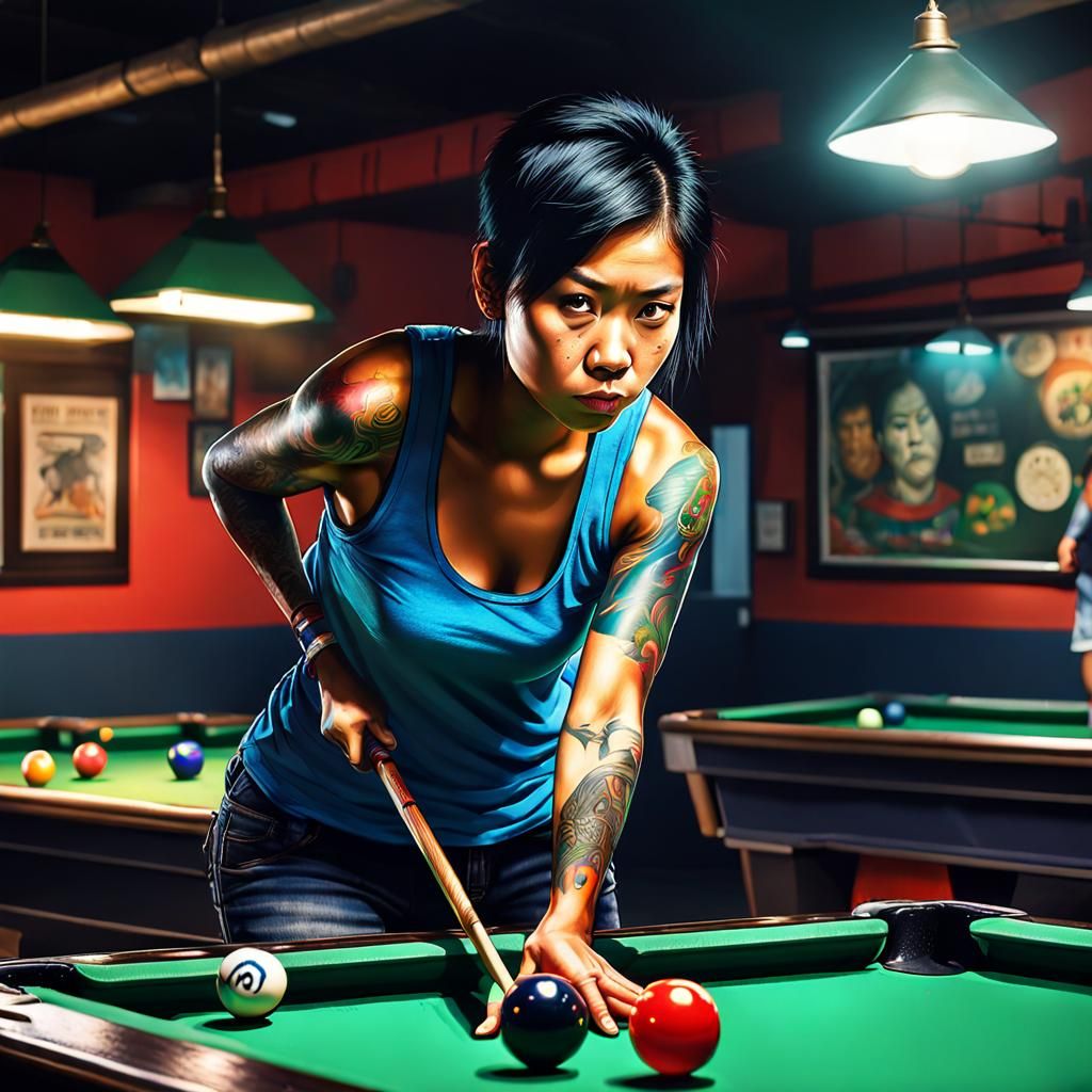 Tattooed Woman Playing Billiards: Photorealistic 8K