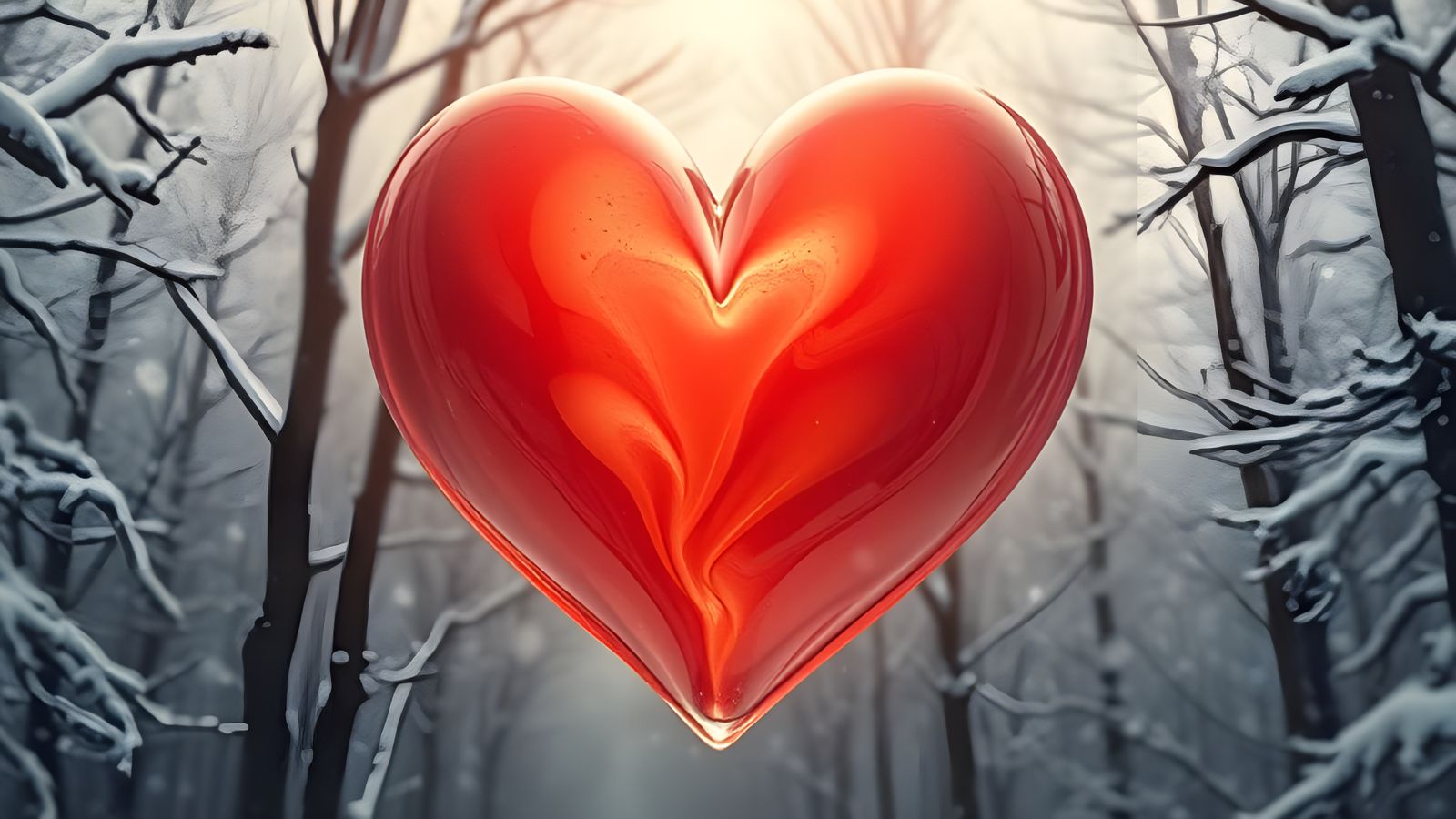 Surreal Heart-Shaped Bubble in Snowy Forest, Fantasy Art