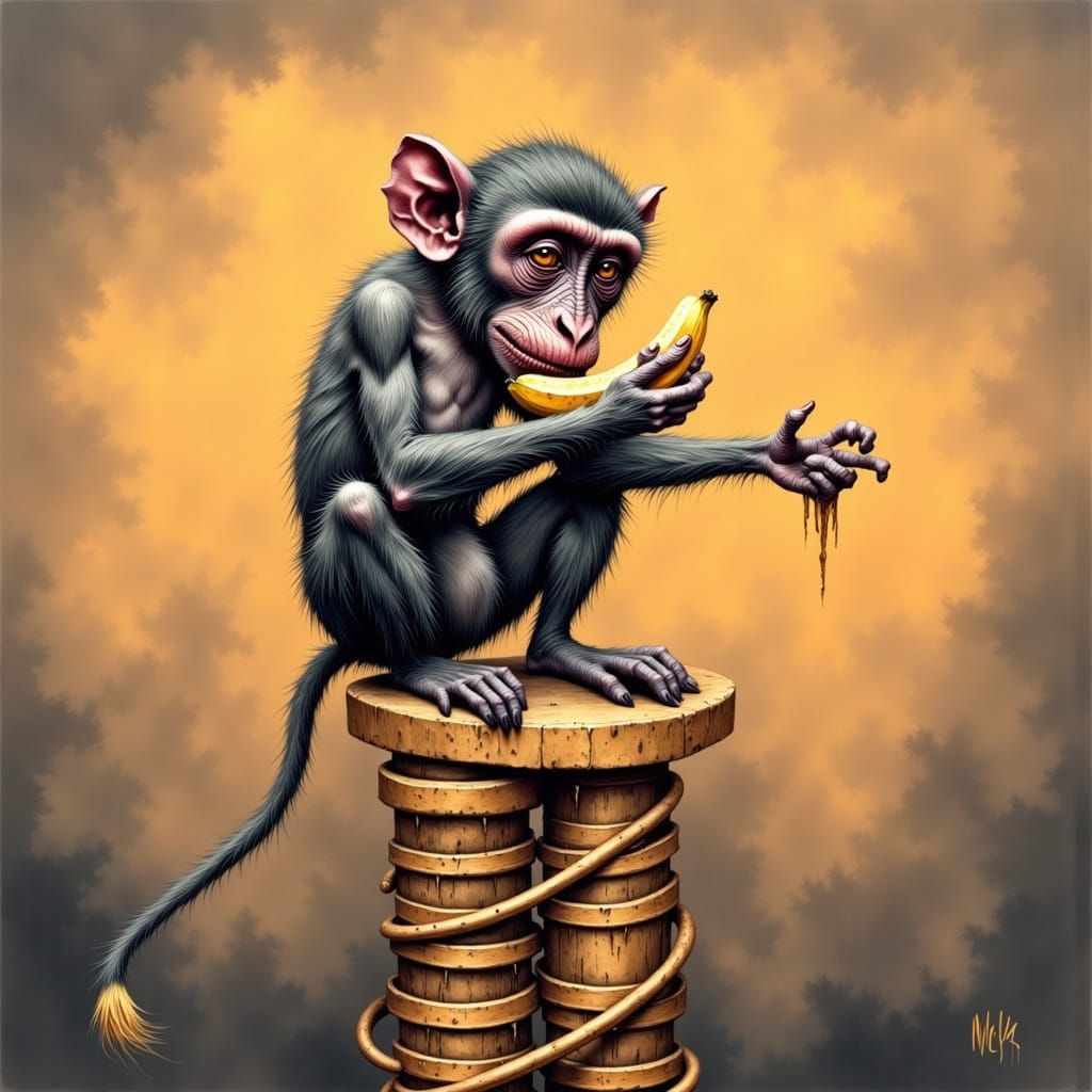 A monkey crouched on a pedestal that appears like a double h...