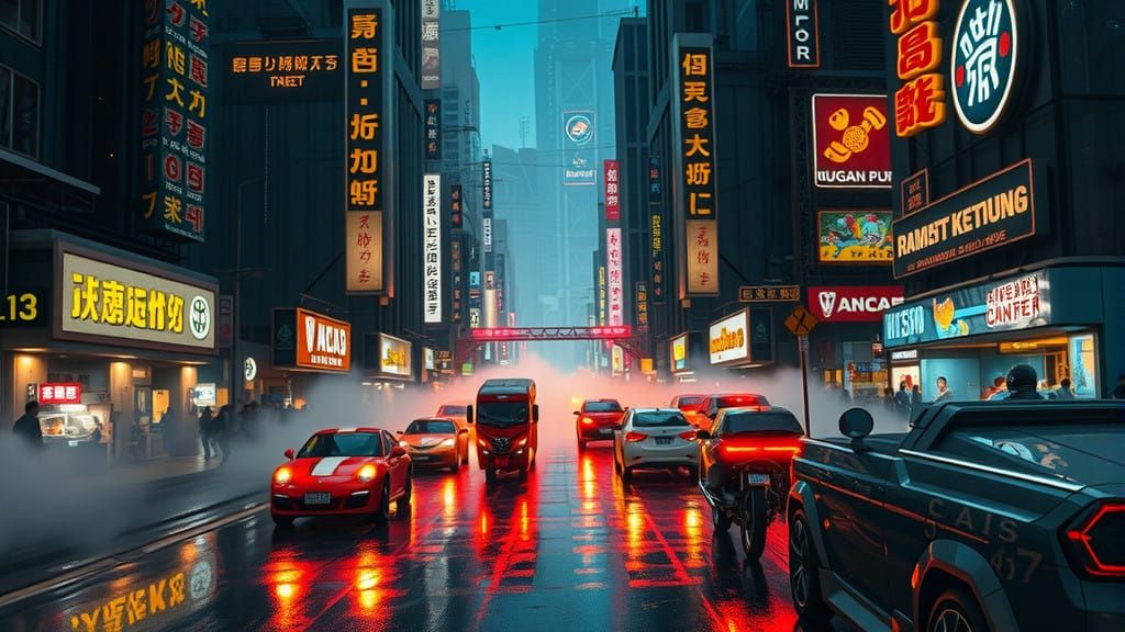 Sleek Cyberpunk Cityscape with Futuristic Vendors and Vehicl...