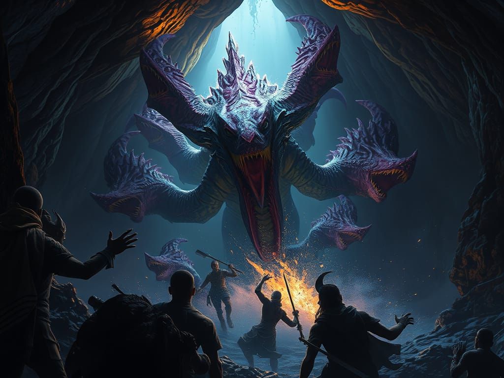 Dark Fantasy Sea Monster in a Dimly Lit Cave
