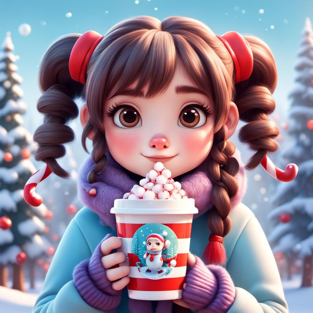 Disney Pixar style 3D adorable girl with pigtails, drinking hot chocolate with candy canes, kawaii chibi, in a winter wo...