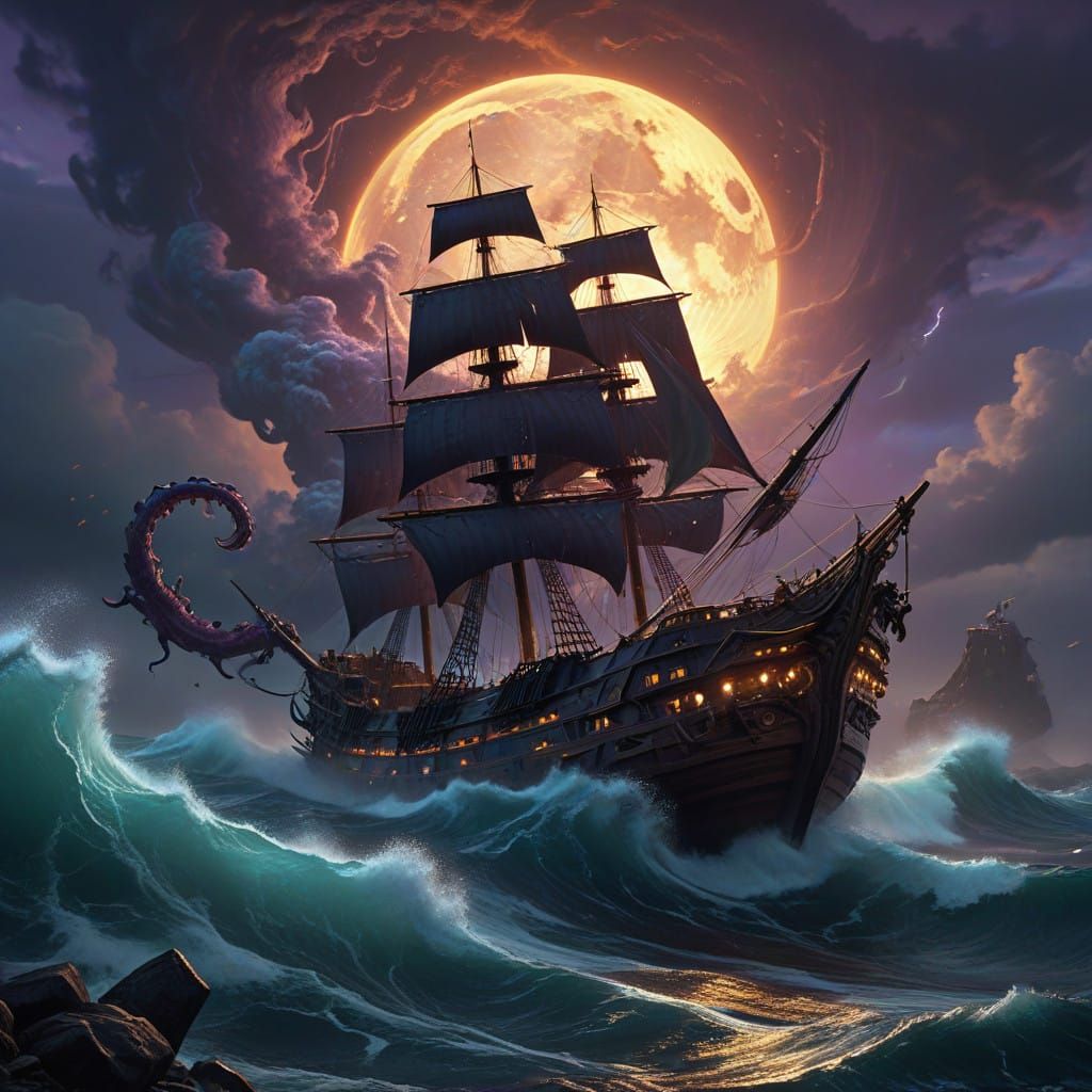 Dark Fantasy Concept Art of Kraken Devouring Ship in Turbule...