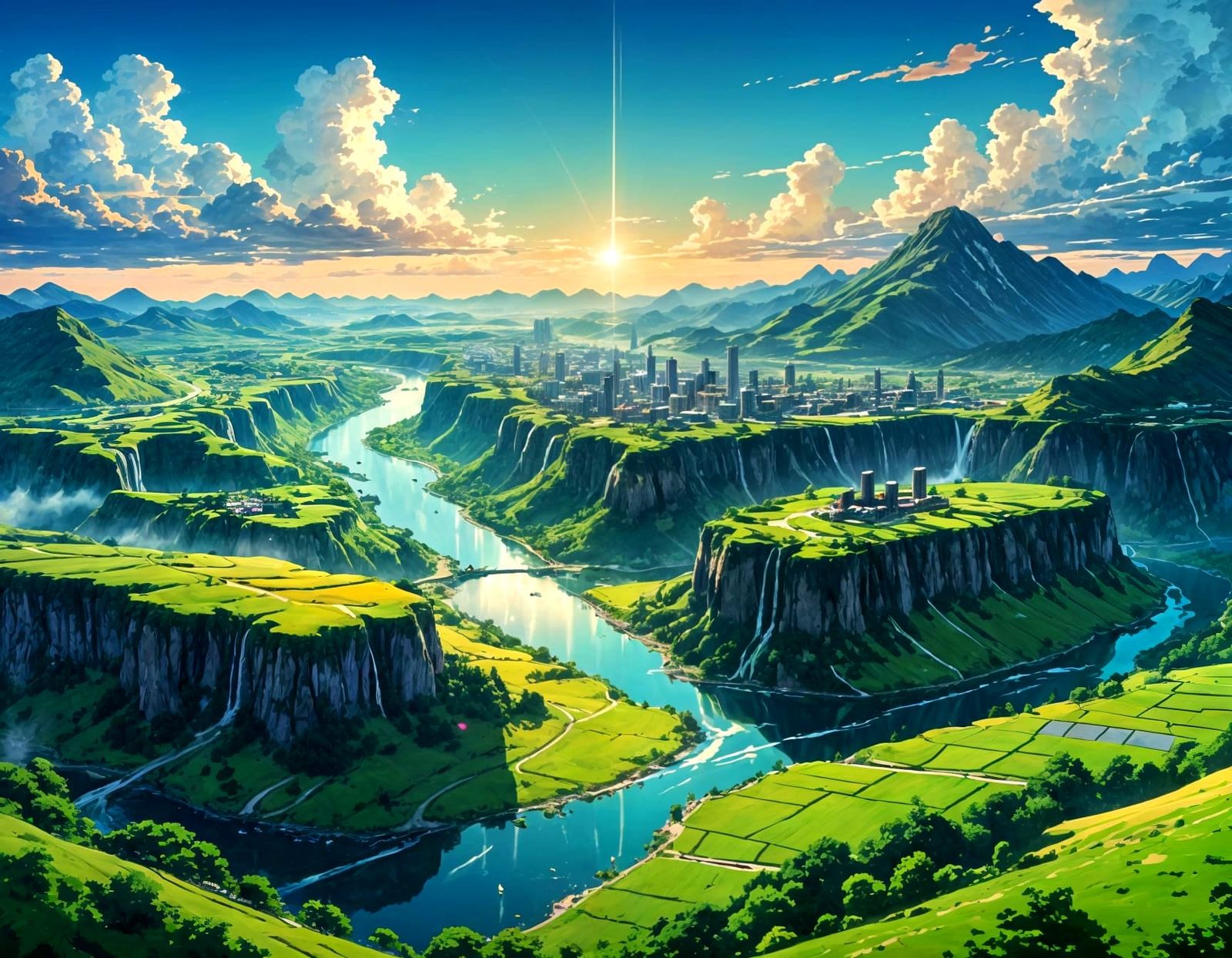 Anime Landscape with Crystal City in Warm Light