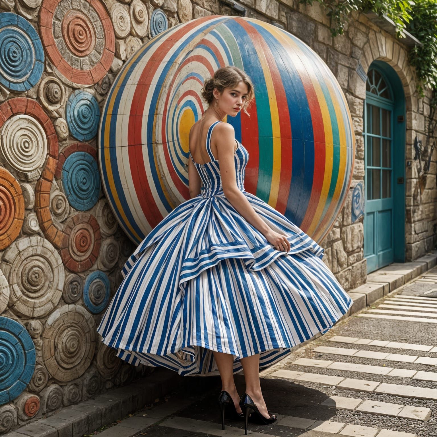 A Woman in a Whimsical Striped Gown, Leaning Against a Strip...