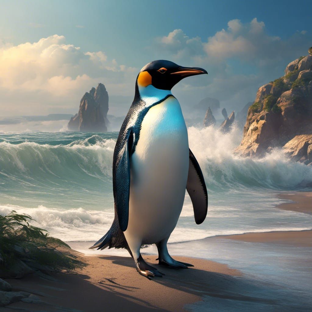 Detailed Penguin Portrait on Seashore in Artstation Style