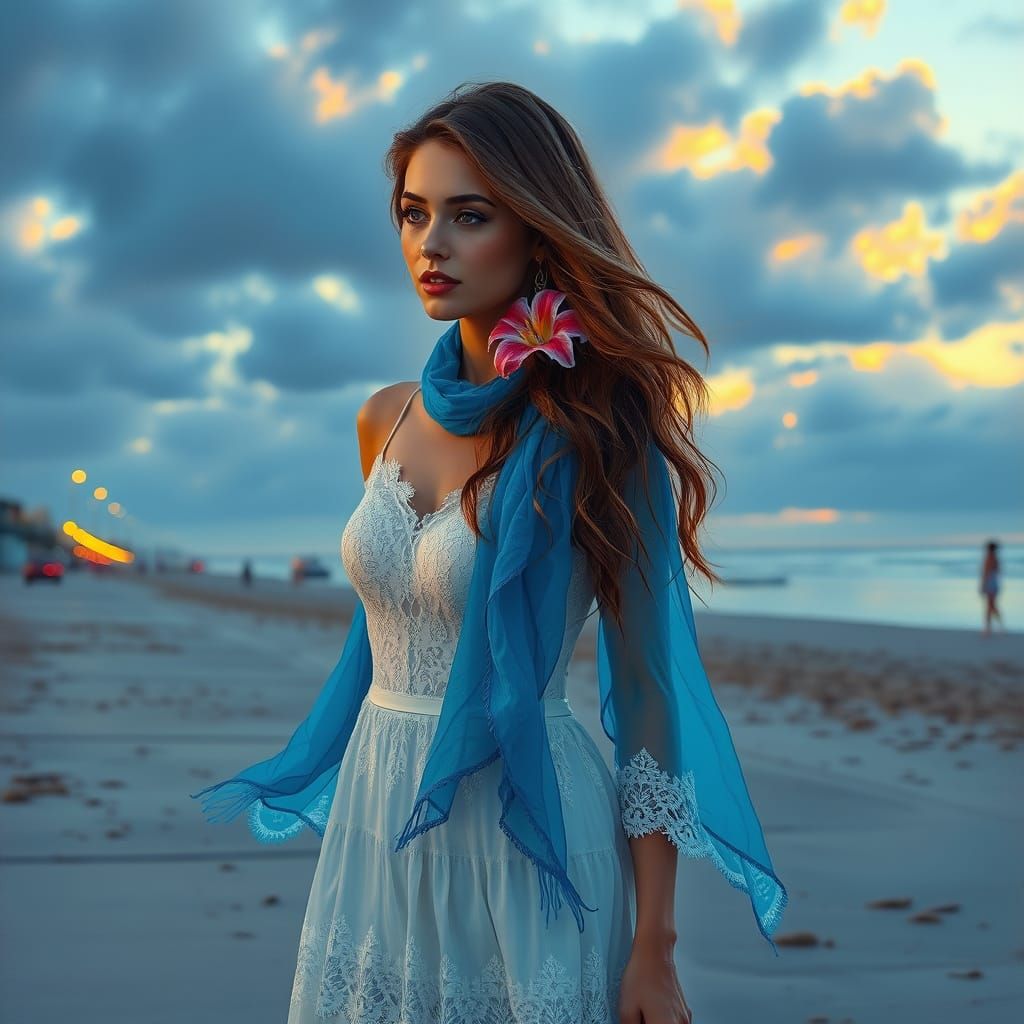 Woman on Huntington Beach: Hyperdetailed Digital Oil Paintin...