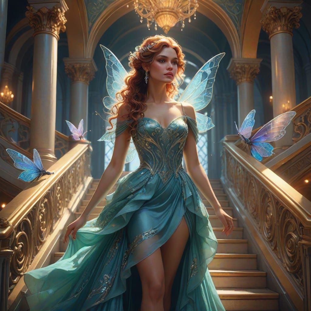 Enchanting Fairy Descends Staircase in Ethereal Splendor