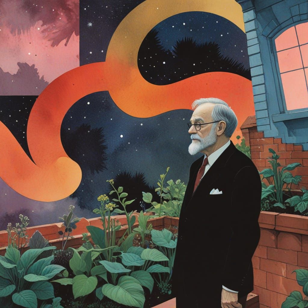 Abstract Rooftop Garden Collage in Watercolor Style