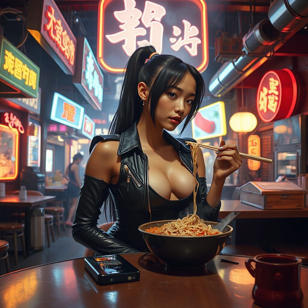 Cyberpunk Noodle Bar Scene with Japanese Woman