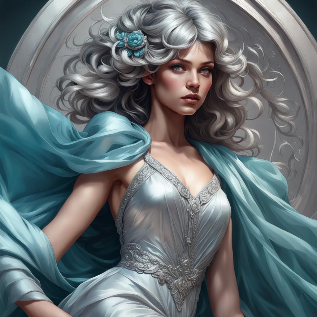 Silver & Cyan Silk Dress Portrait in Art Nouveau Style