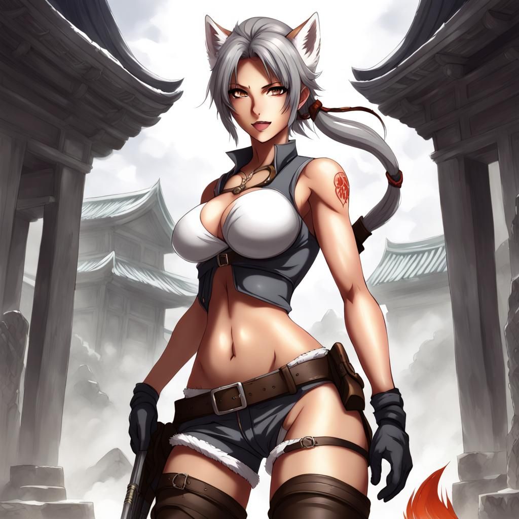 Anime Style Kitsune Goddess with Gray Hair