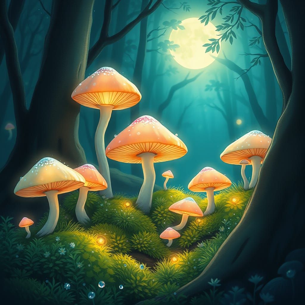 Mystical Ghibli-Style Forest with Bioluminescent Mushrooms