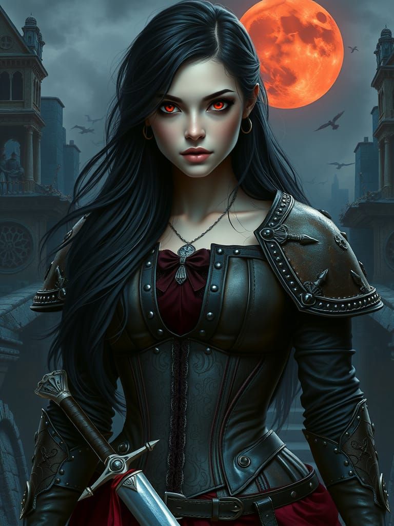 Dark Fantasy Woman in Medieval Armor, Under Red Moon