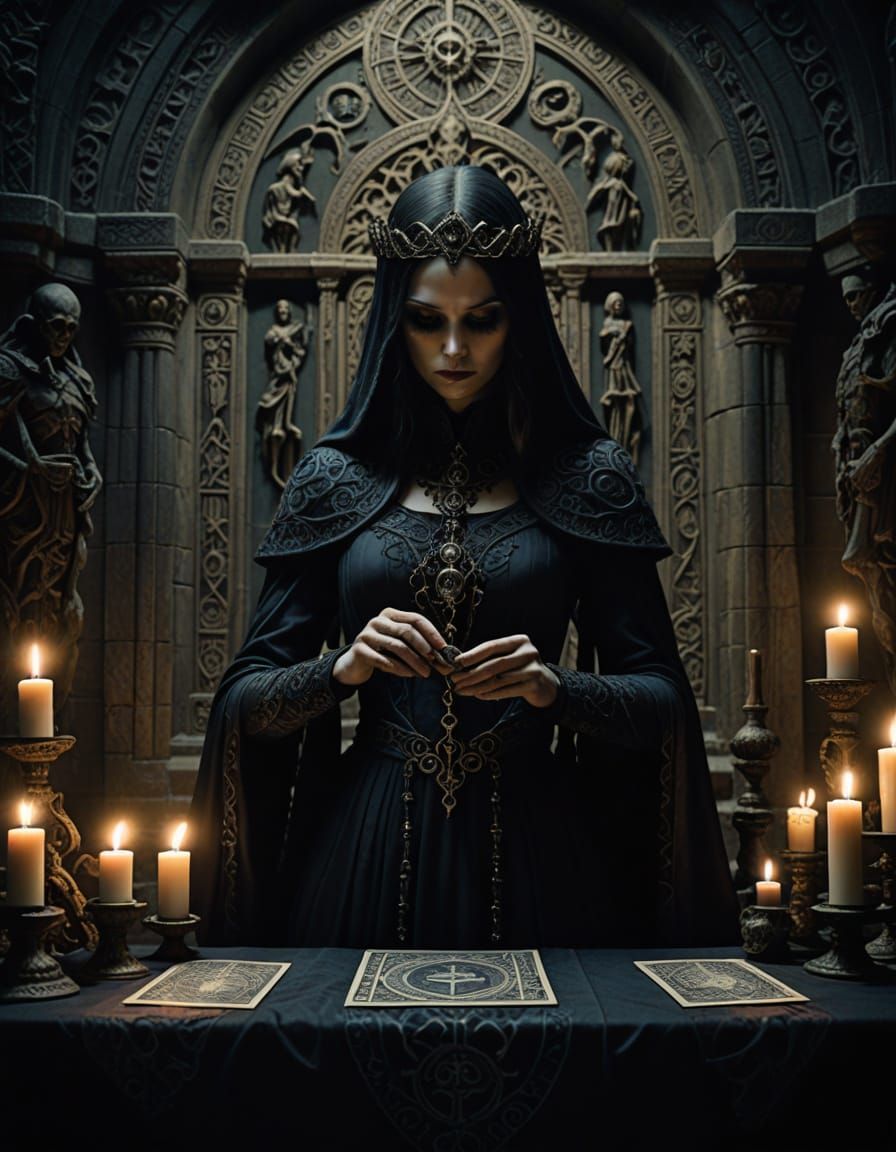 Ethereal Woman in Dark, Ornate Chamber