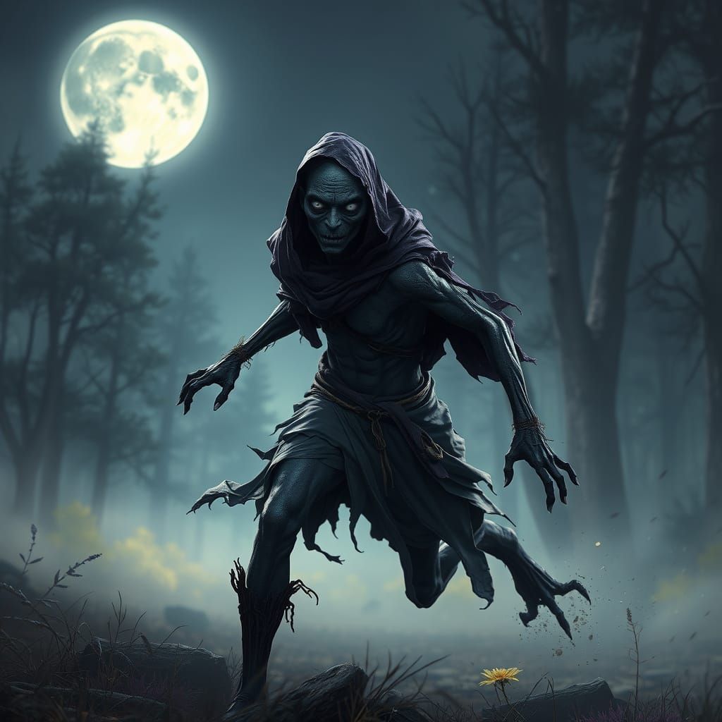 Emaciated Figure Runs Through Misty Forest, Dark Fantasy Art