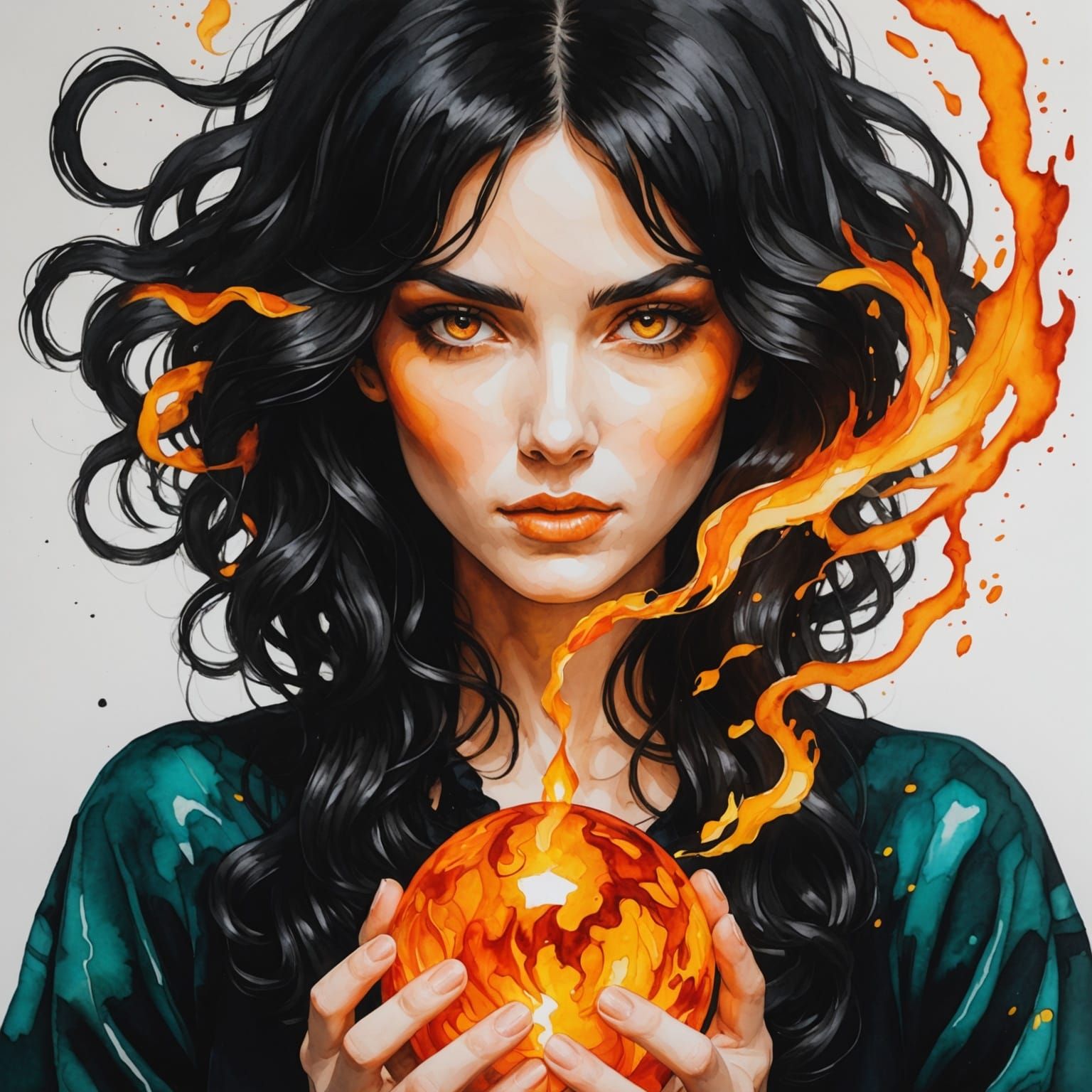 Woman Conjuring Fire in Alcohol Ink Style