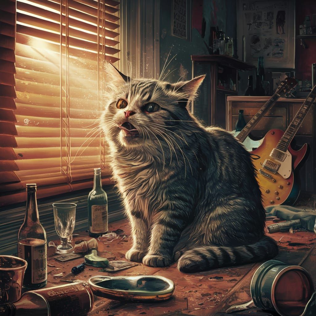 Hangover Cat Illustration in Fantasy Art Style